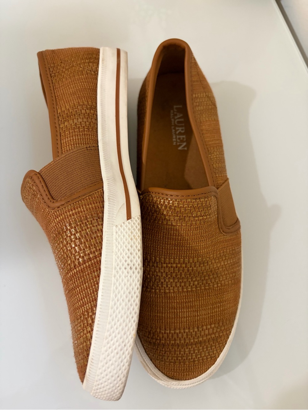 Lauren Ralph Lauren NWOT Tan Woven Slip-On Sneakers with White Soles